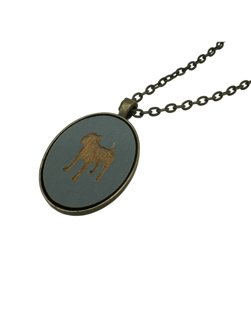 Pendant Necklace Dog Bulldog Oval Blue 1 1/4" 24" Chain Dog Lover Cameo Minimal